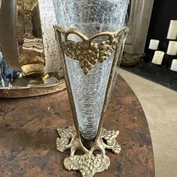 Vintage Brass and Crackle Glass Vase