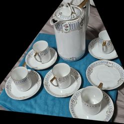 🍫 Antique Hand-Painted Nippon Chocolate Set – 5 Cups + 6 Saucers + Pot – 1891–1921