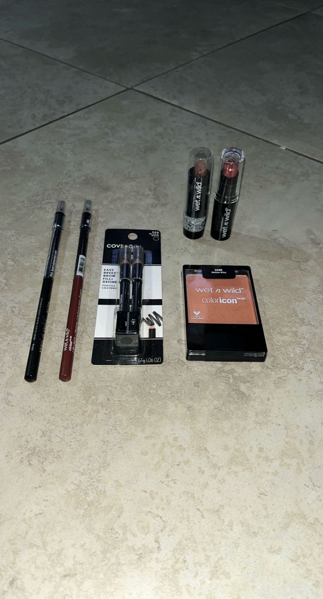 Wet n Wild Lipsticks, Lip Liner, Eyeliner, Blush, and Covergirl Brow Pencils