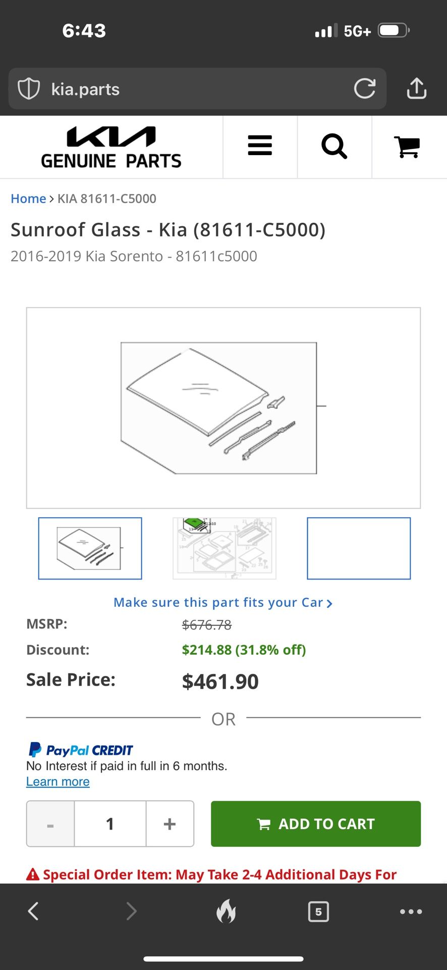 2016-2019 Kia Surrento Sunroof Glass