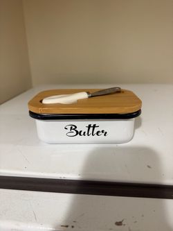 White Enamel Butter Dish with Bamboo Lid