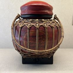 Thai Traditional Bamboo Woven Painted And Lacquered Rice Basket