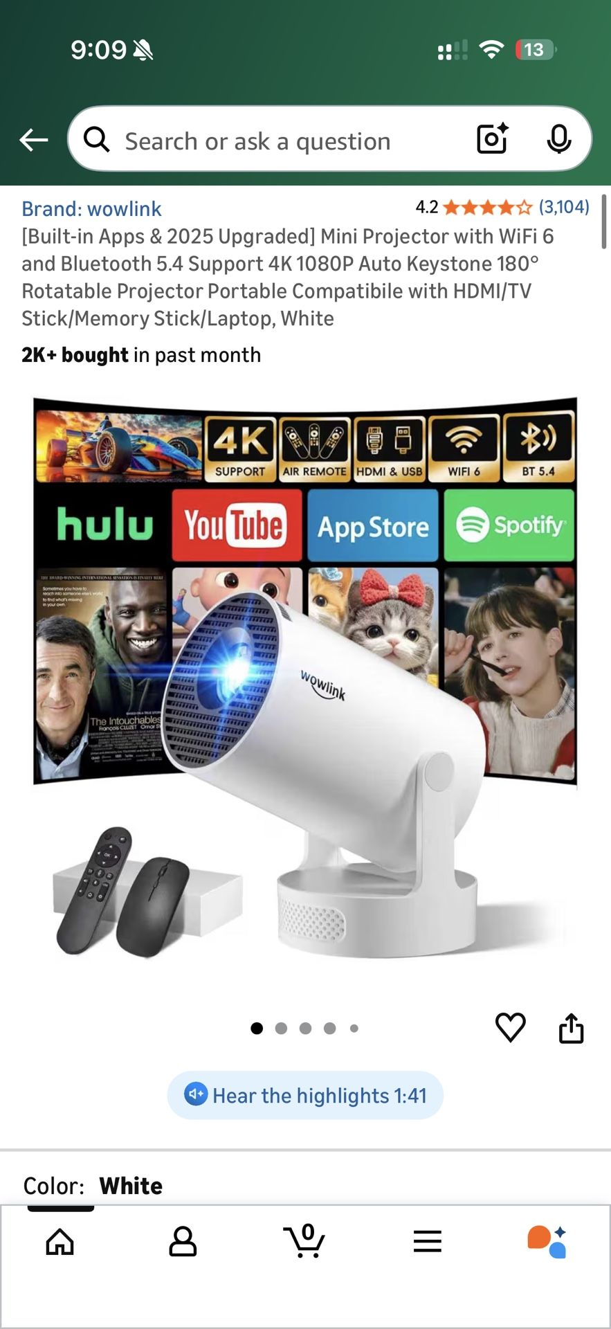 Built-in Apps & 2025 Upgraded] Mini Projector with WiFi 6 and Bluetooth 5.4 Support 4K 1080P Auto Keystone 180° Rotatable Projector Portable Compatibi