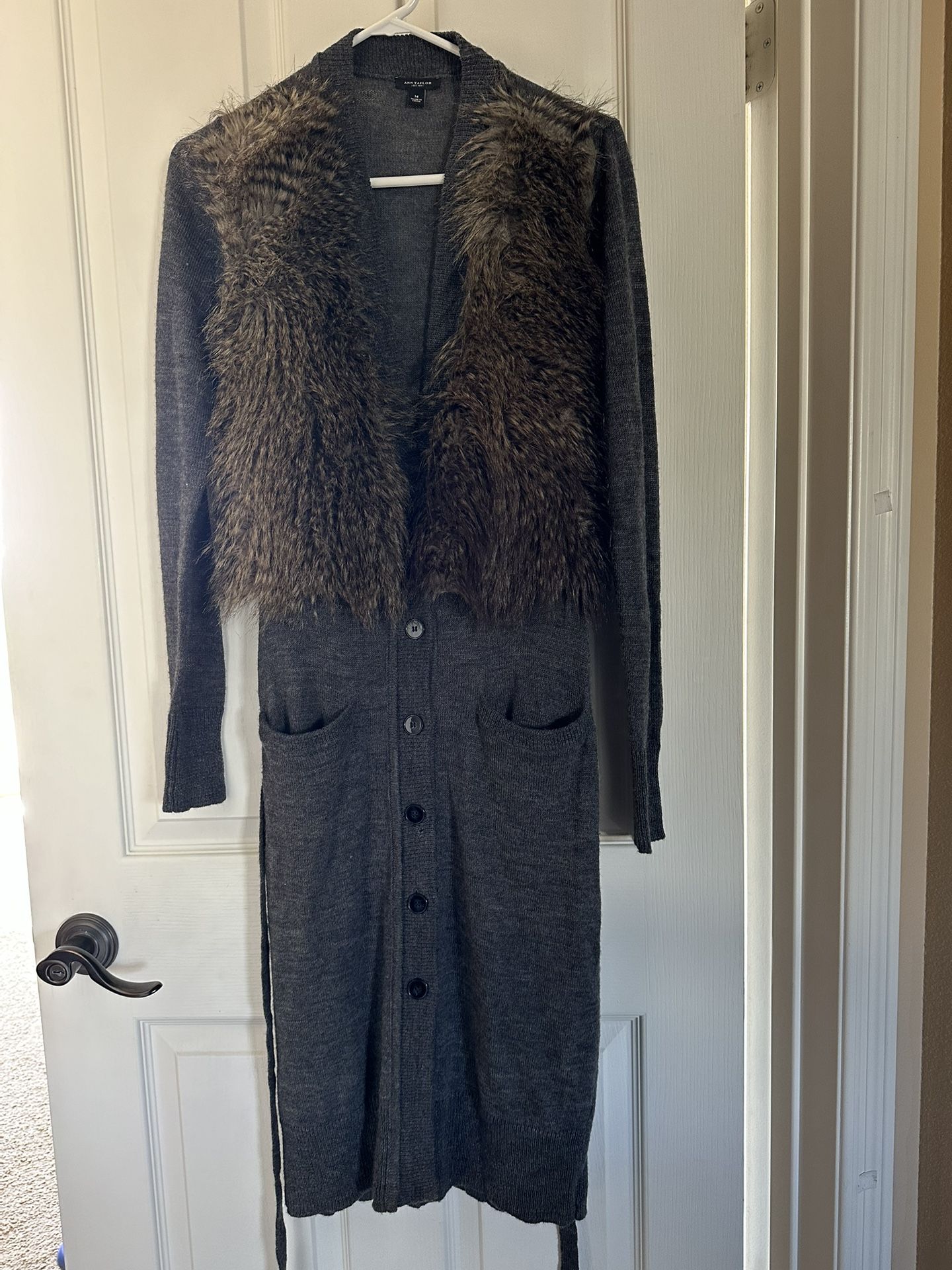 Ann Taylor, Faux Fur Trim Cardigan.