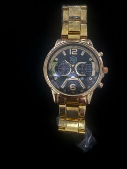 Elegant gold-toned stainless steel watch with a black dial. This Eyros timepiece has a multi-dial chronograph display, tachymeter bezel, and a link br