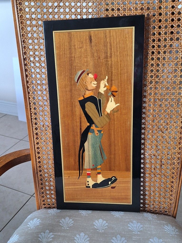 Vintage Marquetry Wood Inlay Clown Wall Art – In Style of Sorrento Italy – Handmade