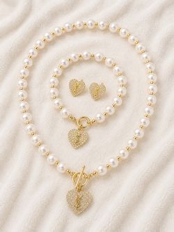Pearl Heart Jewelry Set – Necklace, Bracelet & Earrings