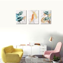 3 Piece Wall Art for Living Room Green and Gold Leaf Wall Decor Modern Art Picture Minimalist Foliage Painting for Bedroom Dining Room Office Kitchen 