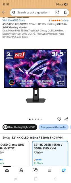 Factory sealed ASUS ROG XG32UCWG 32 Inch 4K 165Hz Glossy OLED G-SYNC Gaming Monitor