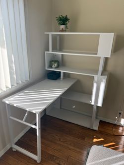 White Desk with Built-In Shelving Unit