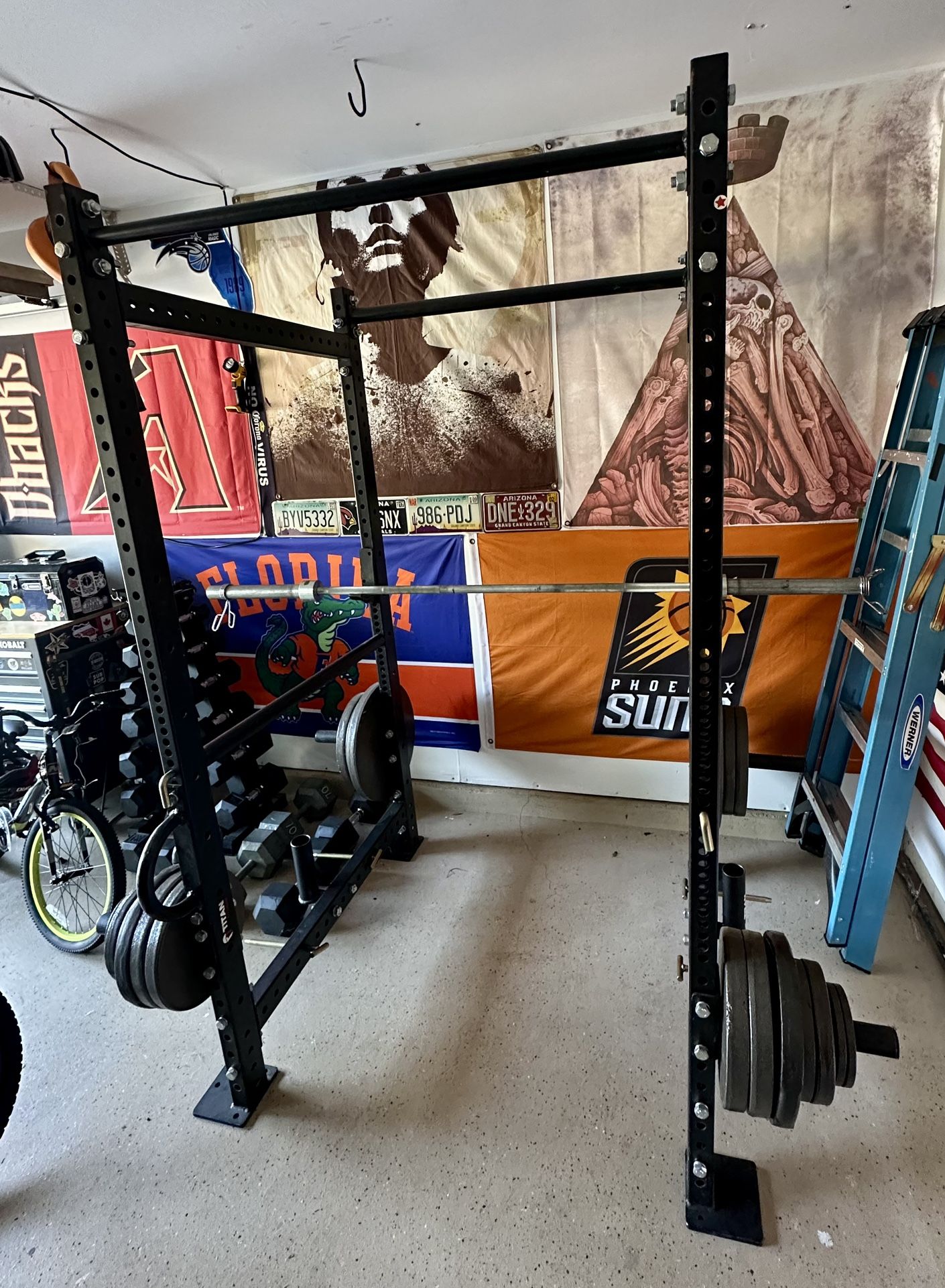 Titan Fitness X-3 Bolt Down Rack & Weight Plates + Barbell