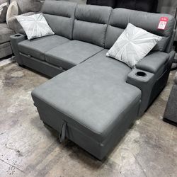 Same Day Delivery💫 Pull Out Sectional With Cup Holders