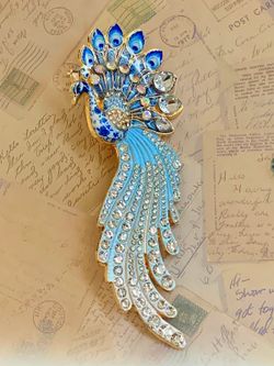Blue Peacock Rhinestone Brooch Pin with Enamel and Gold Tone Detail