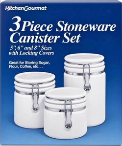 Kitchen Gourmet 3-Piece White Stoneware Canister Set – 5”, 6” & 8” with Locking Lids