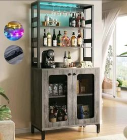 New in a box, Wood Bar Cabinet, 67" Tall   Cabinet with Power Outlets, RGB LED Lights, Wine Liquor Storage, Glass Holder, Coffee Station for Bar Decor