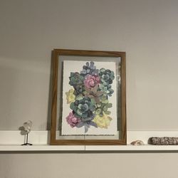 Succulent Framed Watercolor Wall Art Boho Wood Frame Desert Cactus