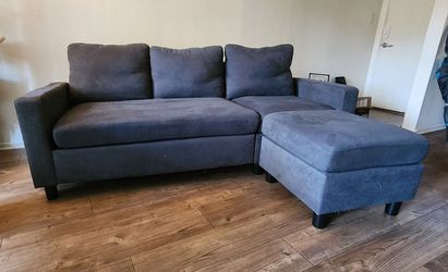 Dark Blue Fabric Sofa with Ottoman