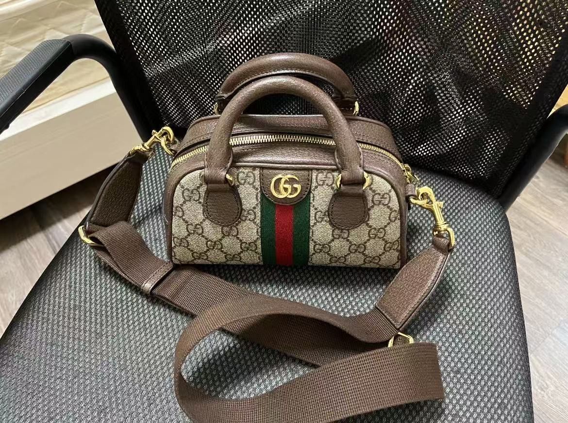 Distressed Double G Logo Old Flower Full Print Removable Shoulder Strap Canvas and Leather Bowling Bag Crossbody Handbag Mini Women's Brown