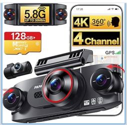4 Channel 360° Dash Cam, 4K Front + 1080P Rear/Left/Right, 5GHz WiFi 30MB/s Free 128GB SD Card, Voice Control Dash Camera, APP, GPS, 3" IPS Screen, Ni