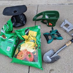 Garden. New Soil, Short Shovel, Sprinkler, Handheld Spreader. Stool, Hose Rack