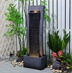 Water Fountain Outdoor Curved Faux Slate Waterfall Feature Freestanding Fountains Indoor Floor Standing Water Fountainswith LED Lights, Pump, Natural 
