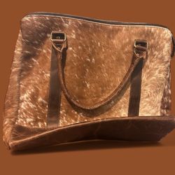Brown Faux Cowhide Leather Tote Bag With Zipper Closure , Interior Zipper Pocket 