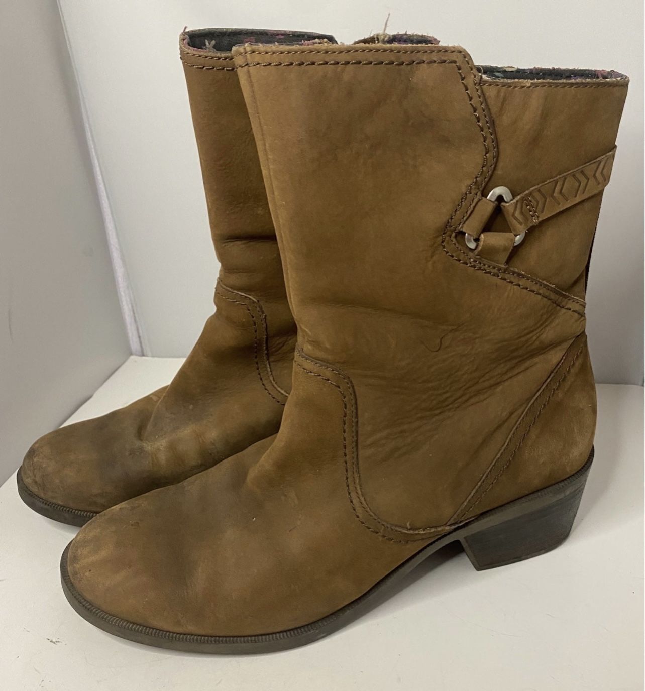 Teva Foxy Women Mid Bison Brown Side Zip Suede Leather Block Heel Boots Size 11