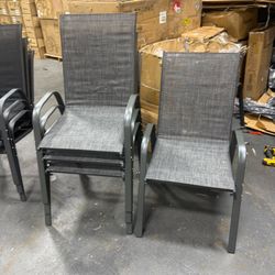 Patio Chairs Set of 4 with Armrests, Outdoor Stackable Dining Chairs with Breathable Backrest and Metal Frame for Lawn, Garden, Deck, Poolside, Heathe
