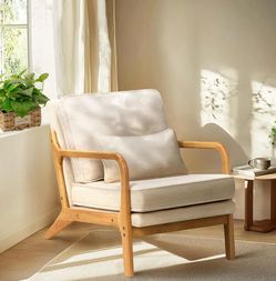 Set of 2- Mid-Century Accent Chair with Solid Wood Frame, Reading Relaxing Armchair Lumbar Pillow& Soft Cushion, Leisure Chair for Living Room, Bedroo