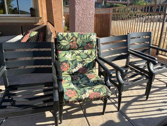 Large Black Metal Patio Dining Set – 84” Table, Chairs & Cushions
