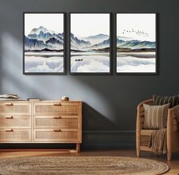 Abstract Landscape Boat In Lake Mountain Nature Landscape Modern Pictures Framed Canvas 3 Piece Painting Print Wall Art
