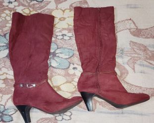 Burgundy Suede Knee-High Heeled Boots