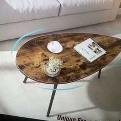 Modern Oval Small Coffee Table, Mid Century Wood Coffee Table with Metal Legs, Unique Retro Center Table, Rustic Farmhouse Coffee Tables for Living Ro