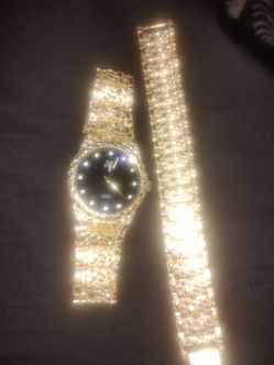 Gold plated nugget watch and bracelet set