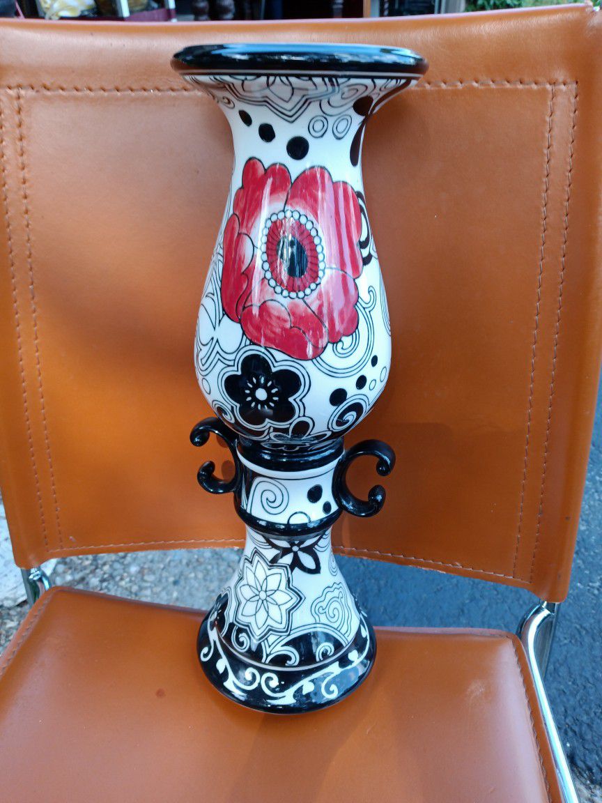 Candle Holder Black And White with Red Flowers Ceramic 