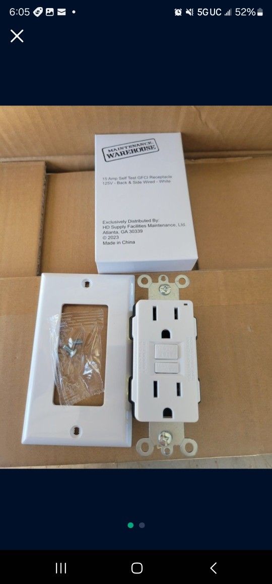 New 5pc maintenance warehouse 15 amp 125 volt self test gfci receptacle w back and side wired white