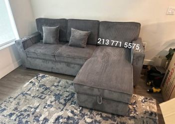 Beautiful Dark Gray Corduroy 2-pc Sectional Sofa With Pull- Out Bed & Storage 