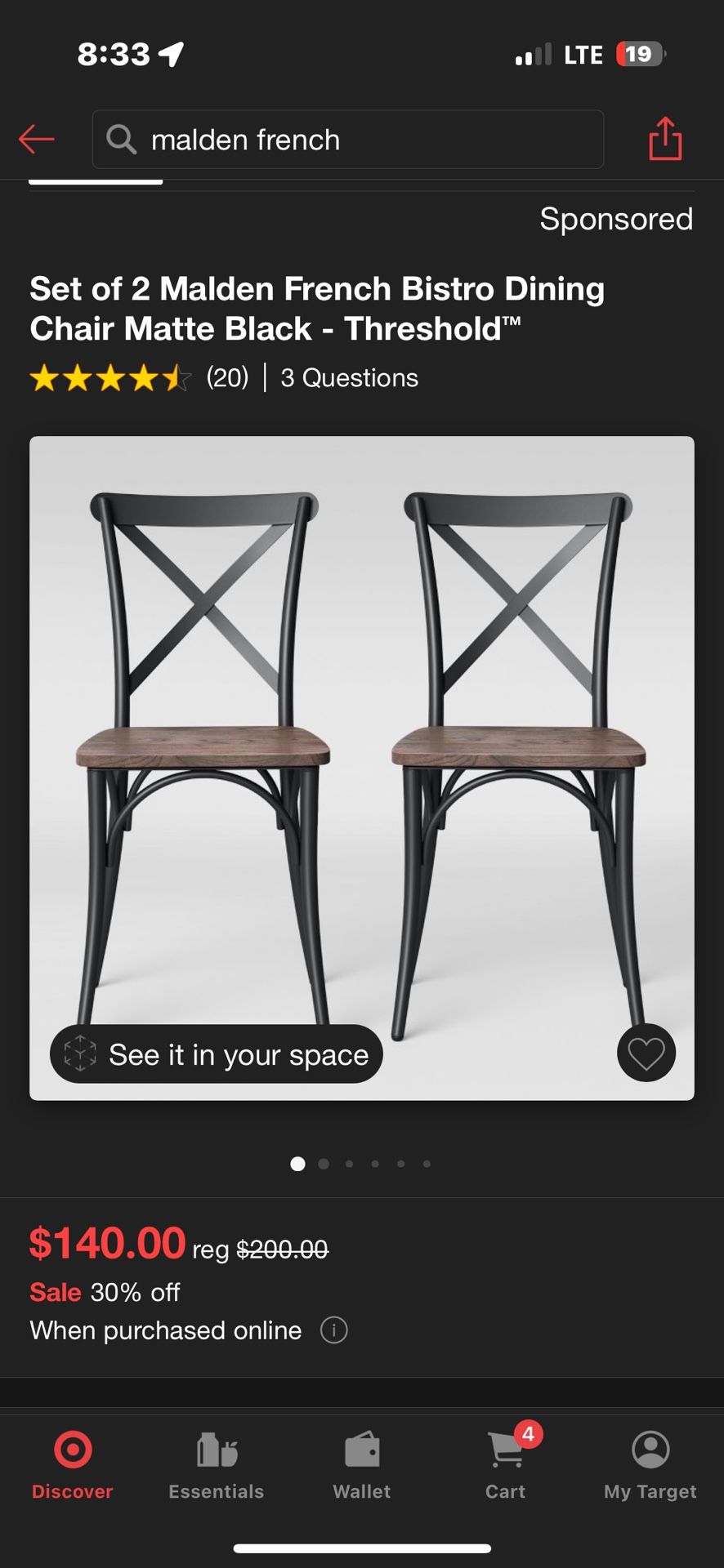 Set of 4 Malden French Bistro Dining Chair Matte Black - Threshold™