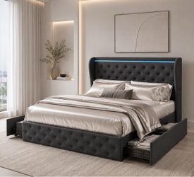 Upholstered Queen Size Platform Bed Frame with 4 Storage Drawers ,Dark Gray L-2