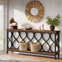 Benjamin 71 in. Brown Black 2-Tier Rectangle Wood Behind Sofa Hallway Couch Wall Console Table Home Office Industrial