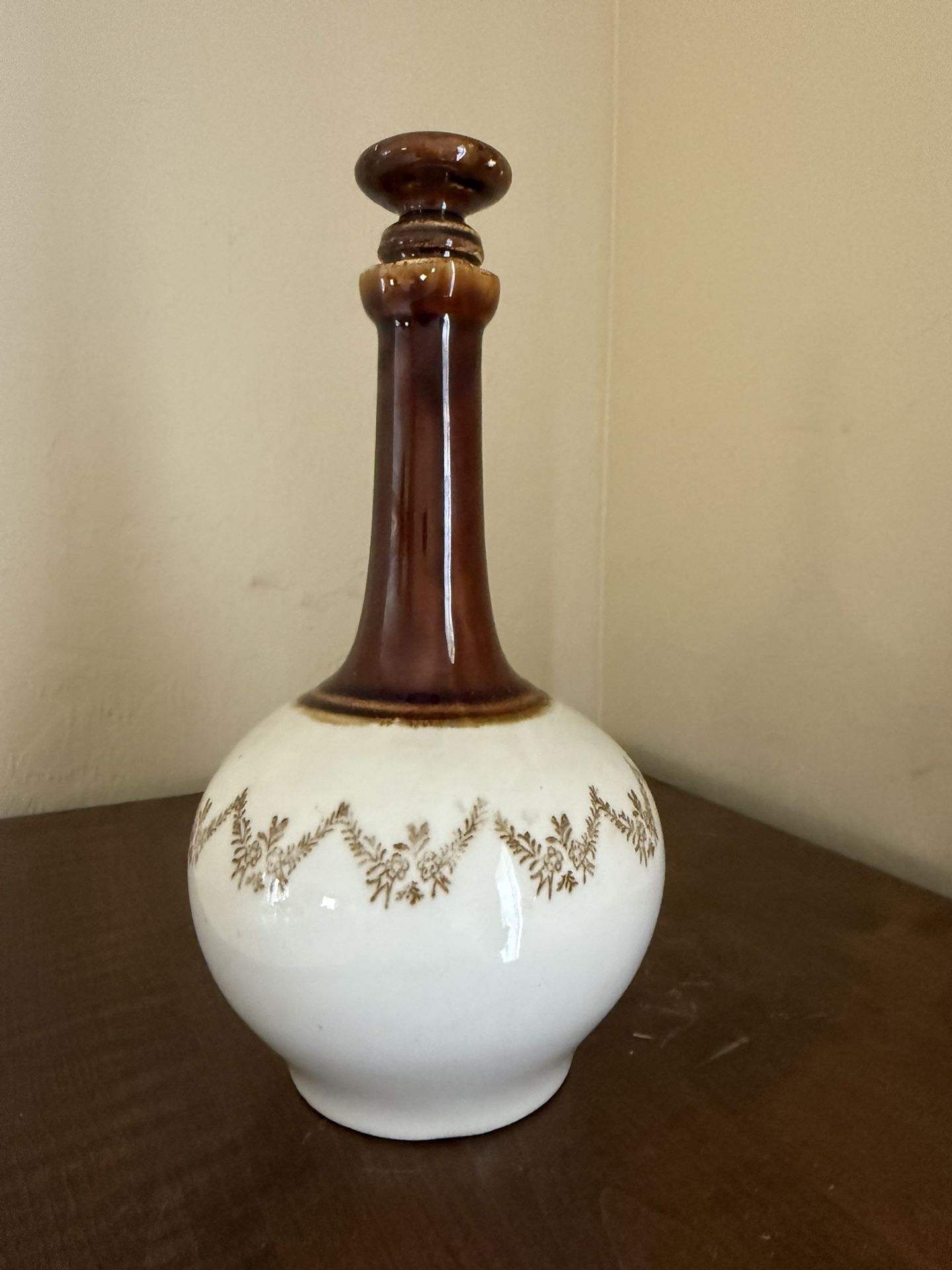 Vintage Milk Glass Decanter w/ Amber Stopper & Gold Vine Design