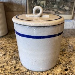 Vintage Crock with lid. Blue stripe. Utensils Holder or Canister Storage