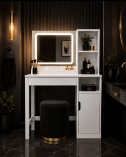 New! White Vanity Table with LED Light Mirror