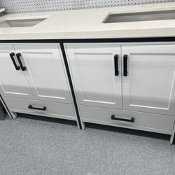 Bathroom vanity cabinet 60” solid birch quartz top with sinks and backsplash 