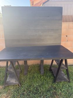 Black dessert table / candy table set up backdrop Dark Gray Sawhorse Desk with Shiplap Headboard