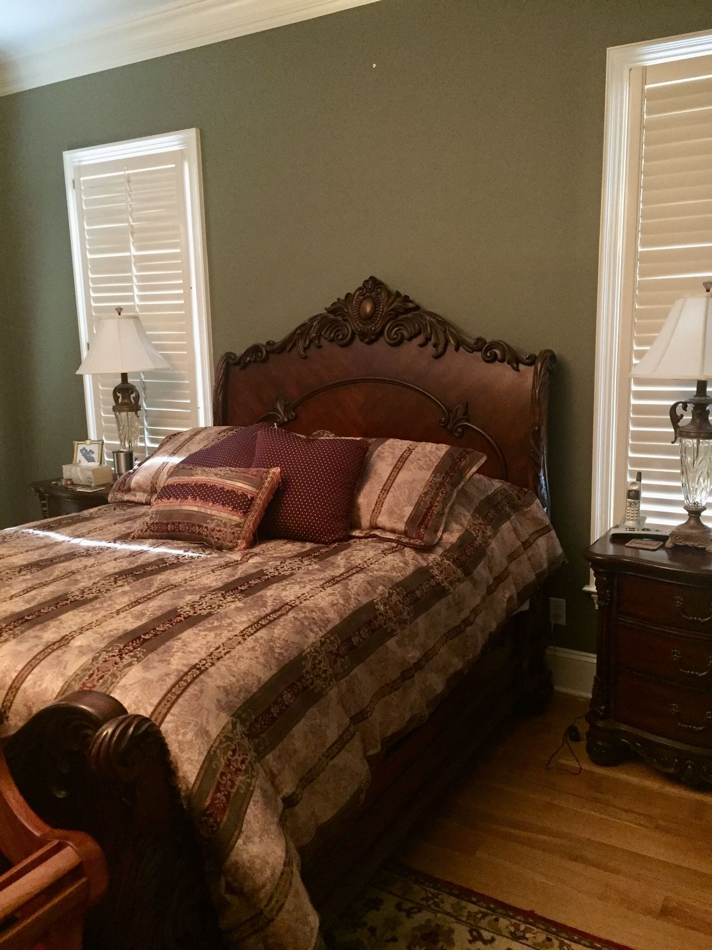 Queen Cherry Headboard And Footboard, Dresser With Mirror, 2 Nightstands