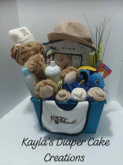 Fishing themed baby gift basket for sale, baby gift, new baby, pampers,  huggies, luvs, picture frame, washcloths, baby toys, dove for Sale in  Tampa, FL - OfferUp
