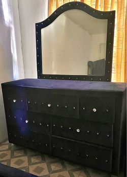 Midnight Blue Velvet Dresser, Mirror & Nightstand
