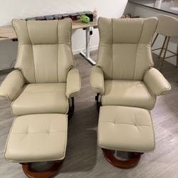 Benchmaster Leather Swivel Recliner Chairs (beige) (with ottomans included) - Like New Quality