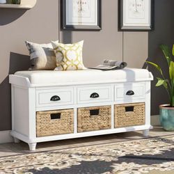 Rustic Storage Bench with 3 Drawers and 3 Rattan Baskets